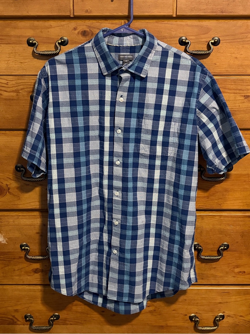 Van Heusen Blue and Navy Plaid Short-Sleeve Button-Down Shirt